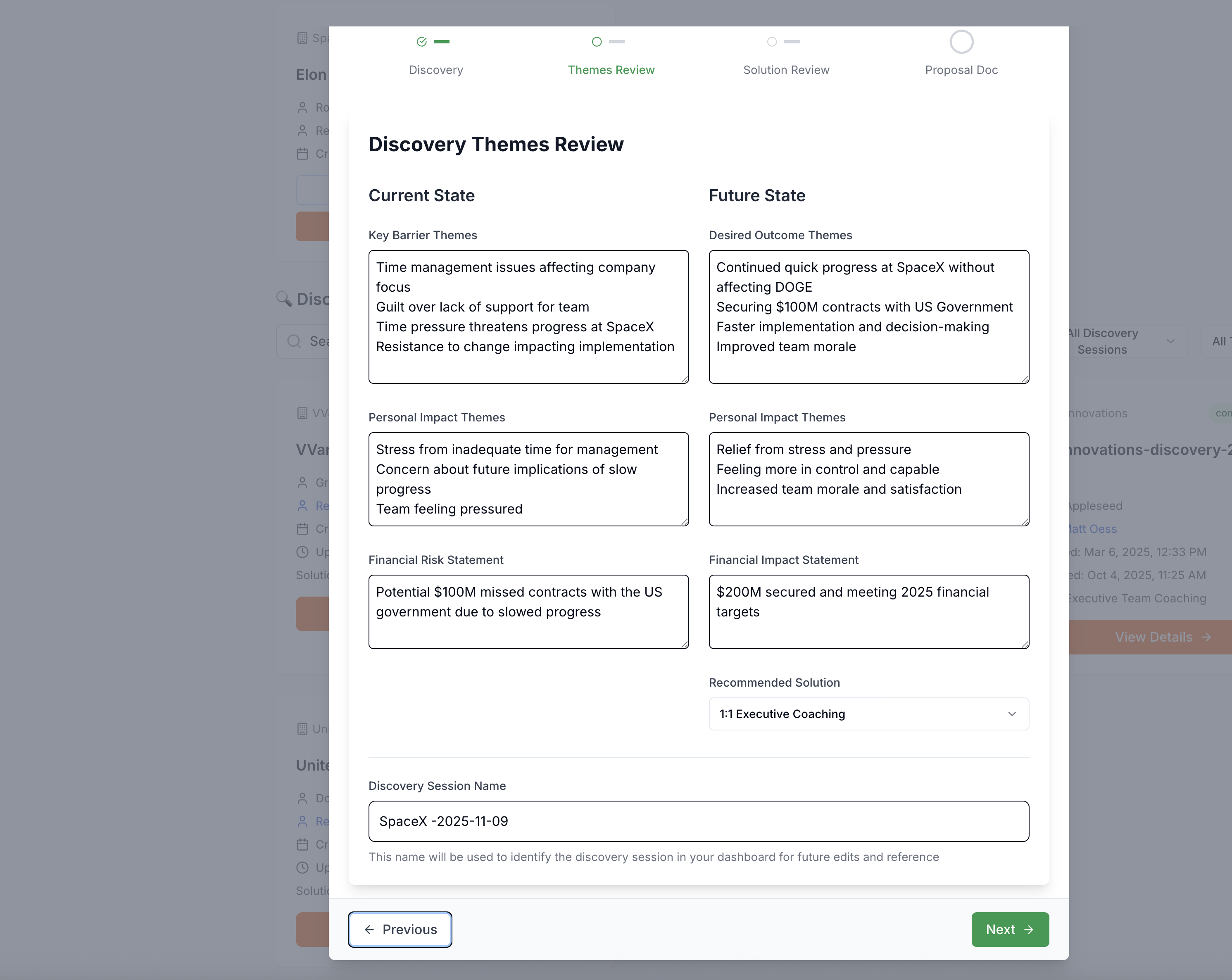 Discovery Themes Review showing Current State barriers and Future State desired outcomes